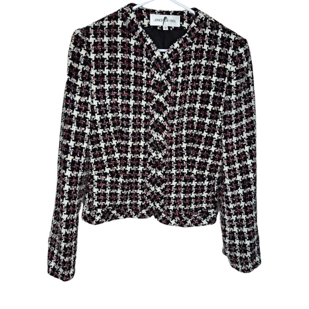 Jones New York red/white/black tweed long sleeve zipper blazer jacket size 8 - Picture 4 of 7